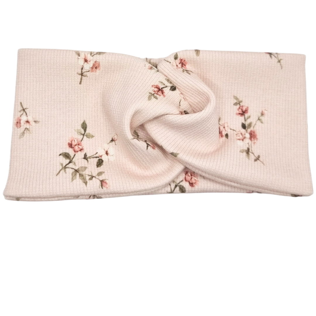 Opaska szeroka przeplatana na głowę jasny róż w drobne kwiatuszki