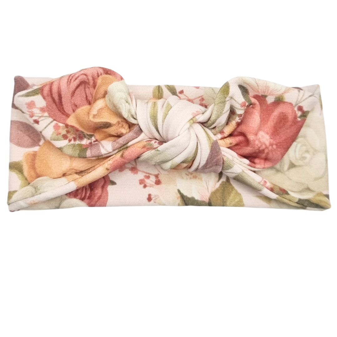 Opaska z kokardą jasny beż w kwiaty
