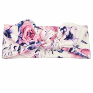 Opaska z kokardą śmietankowa w fioletowe kwiaty