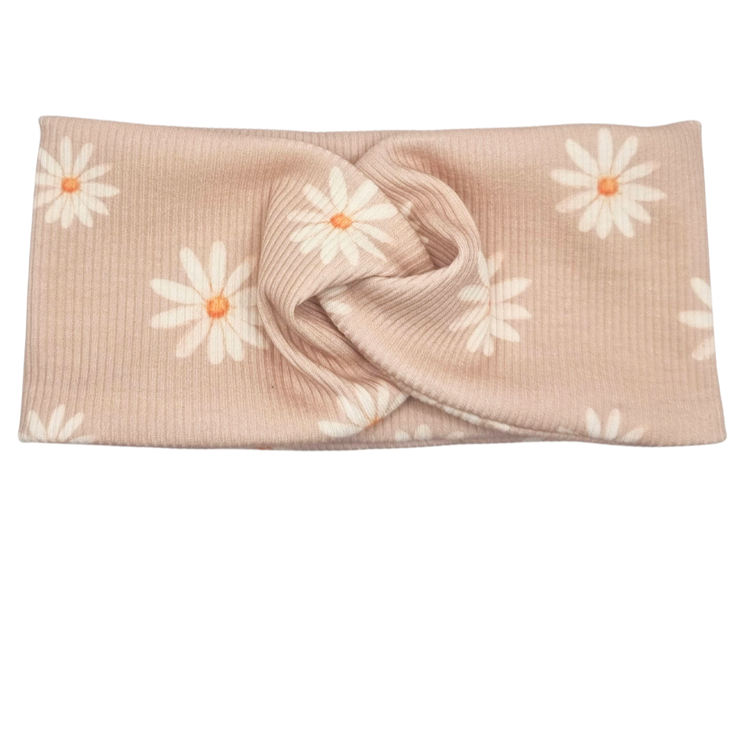 Opaska szeroka przeplatana na głowę beżowa w małe stokrotki