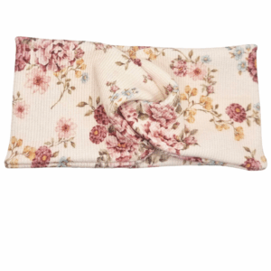 Opaska szeroka przeplatana na głowę beżowa w kolorowe kwiatuszki