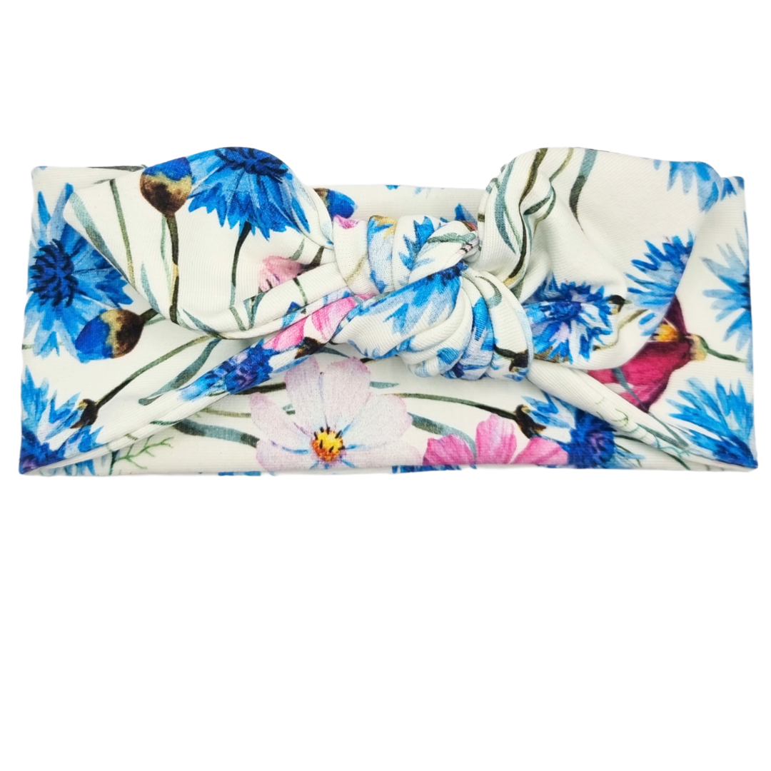 Opaska z kokardą ecru w niebieskie kwiatki