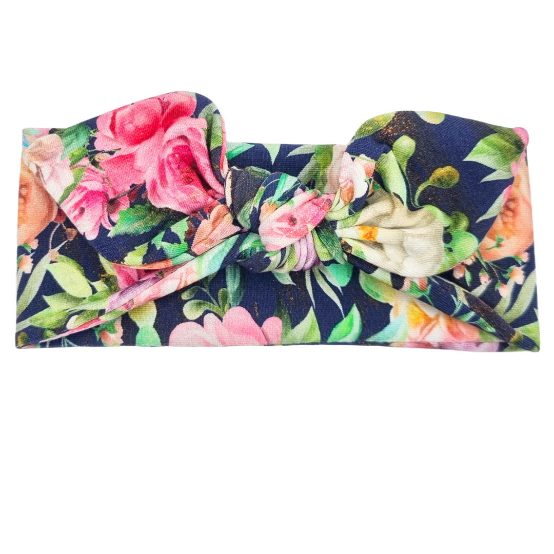 Opaska z kokardą granatowa w duże kwiatki