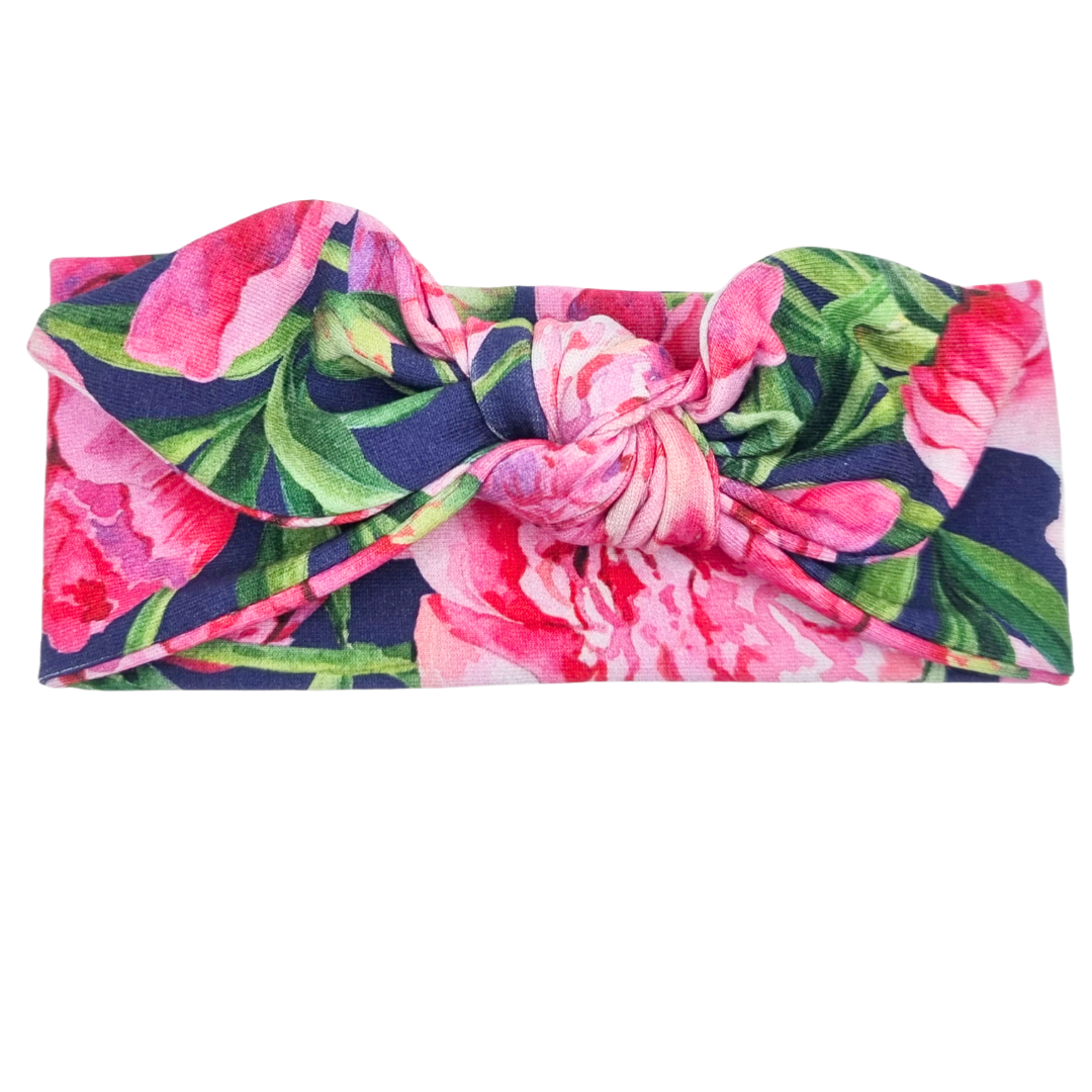 Opaska z kokardą granatowa w duże kwiaty