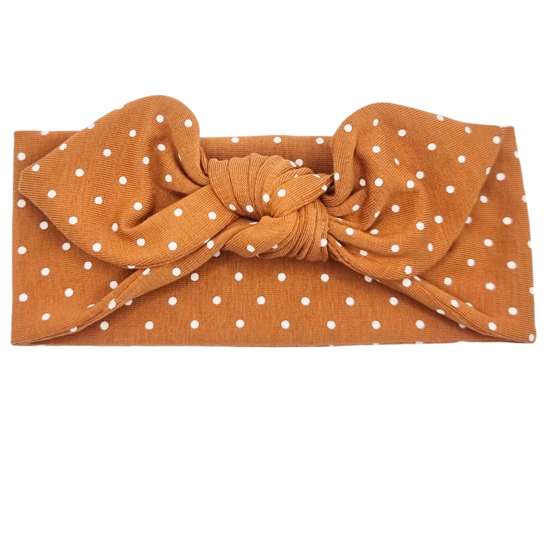 Opaska z kokardą miodowa w białe groszki