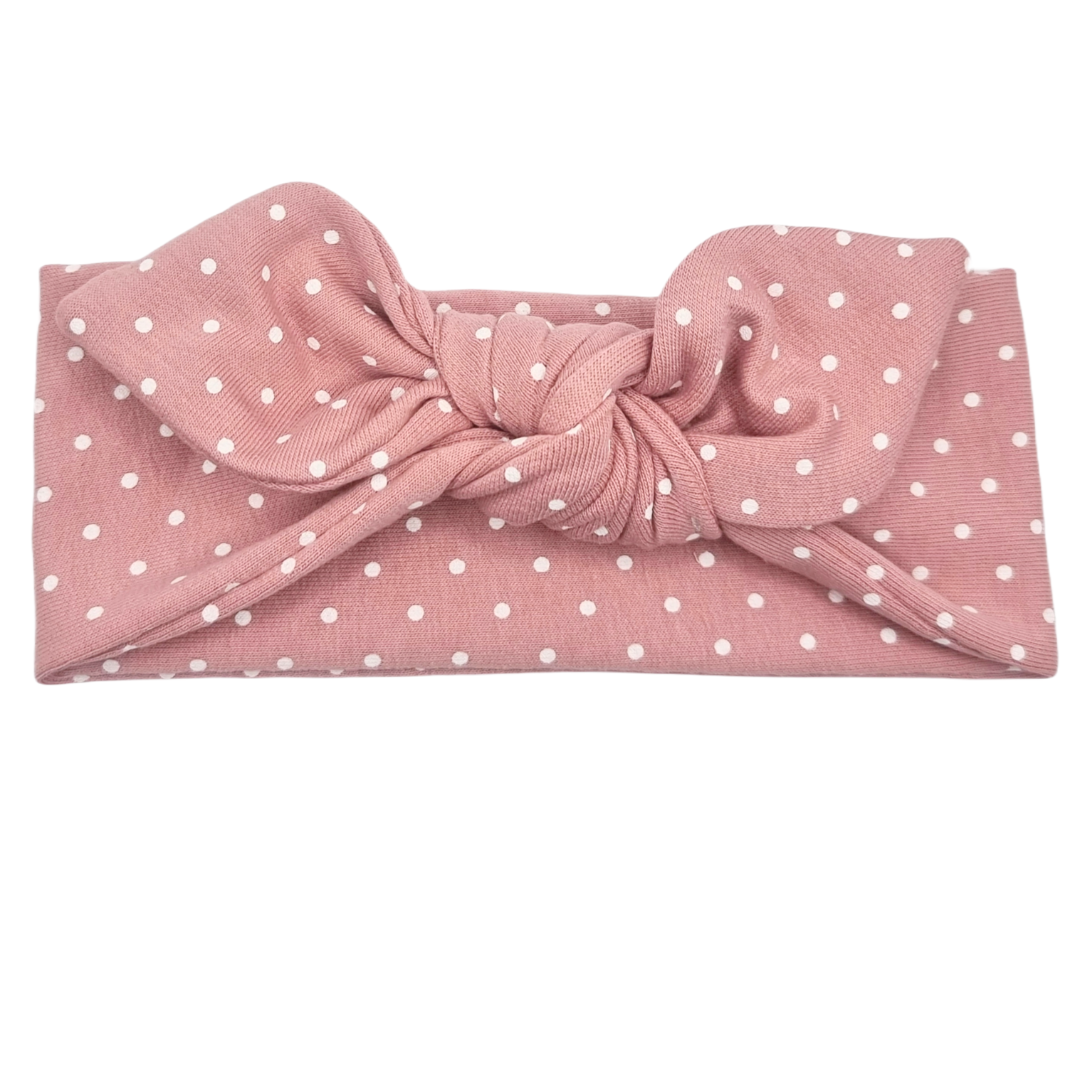 Opaska z kokardą brudny róż w białe groszki