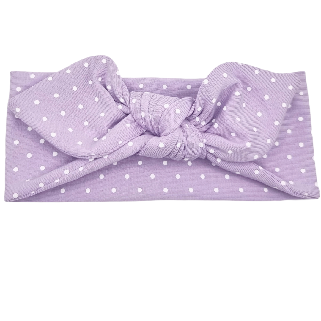 Opaska z kokardą fioletowa w białe groszki