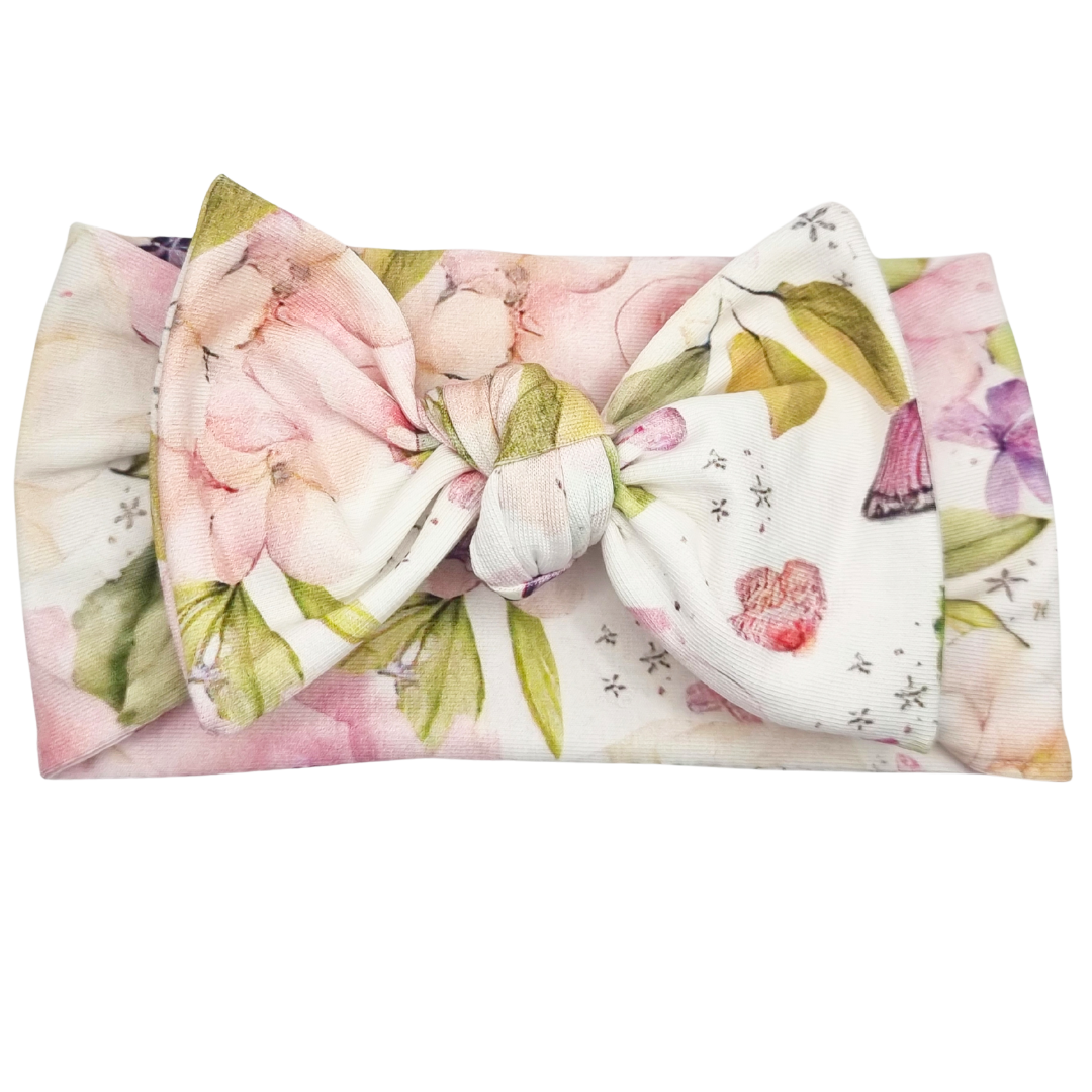 Opaska szeroka z kokardą kolorowe kwiaty na bieli