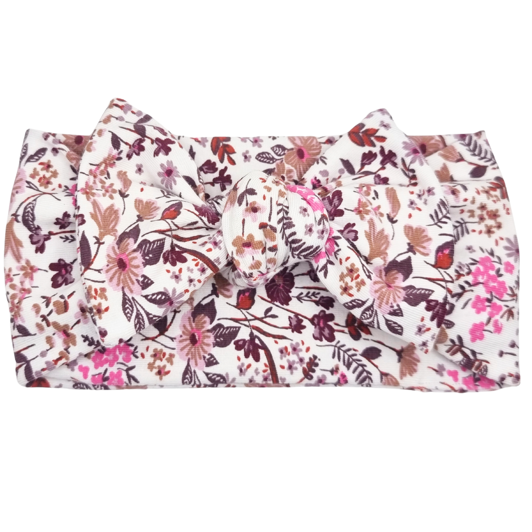 Opaska szeroka z kokardą malutkie kwiatuszki na bieli