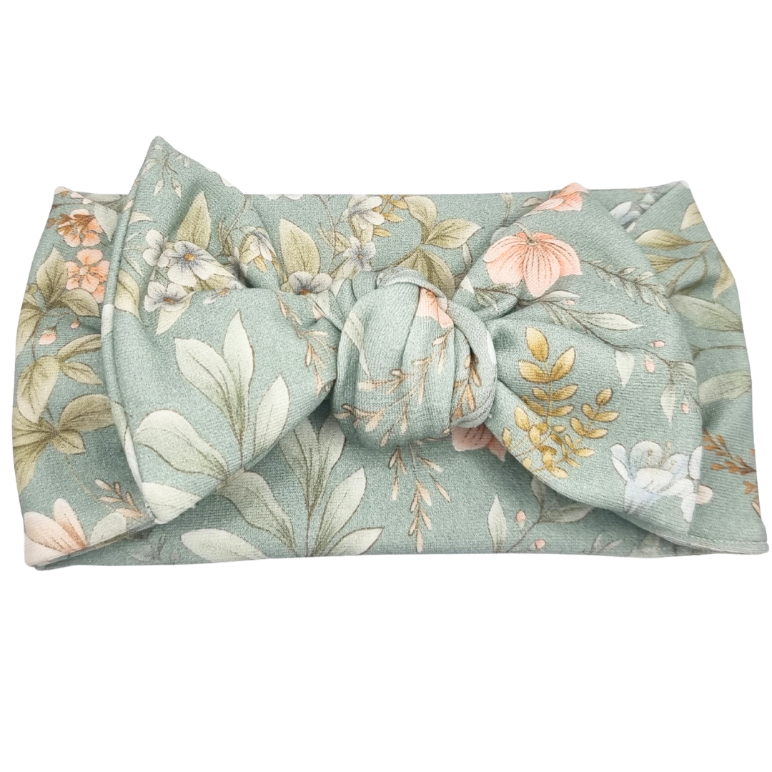 Opaska szeroka z kokardą szałwia w kwiatuszki