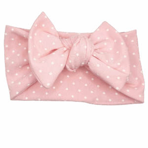 Opaska szeroka z kokardą jasny róż w białe groszki
