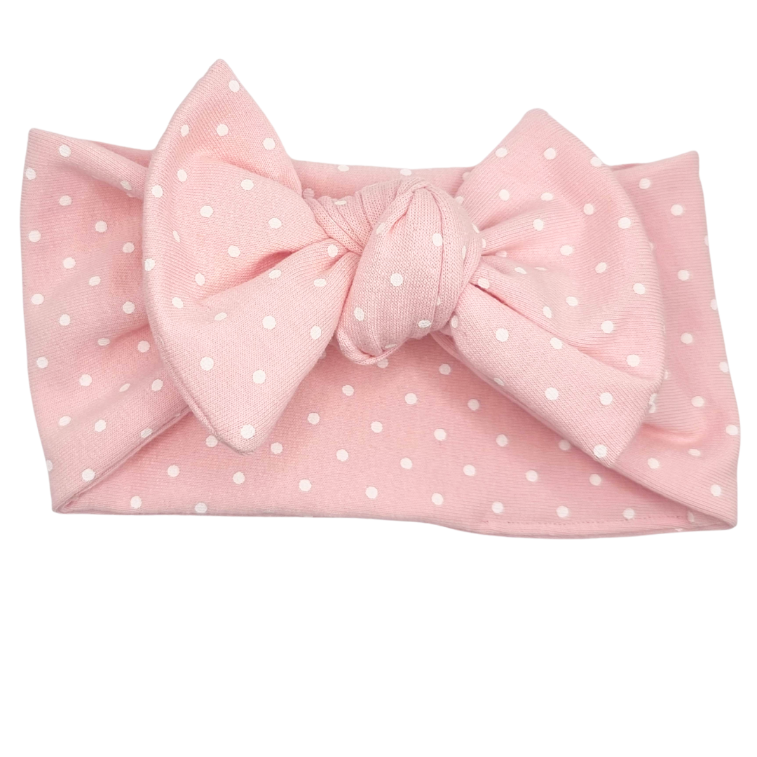 Opaska szeroka z kokardą jasny róż w białe groszki