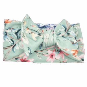 Opaska szeroka z kokardą miętowa w kwiaty