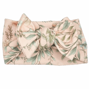 Opaska szeroka z kokardą pudrowy róż w kwiaty i listki