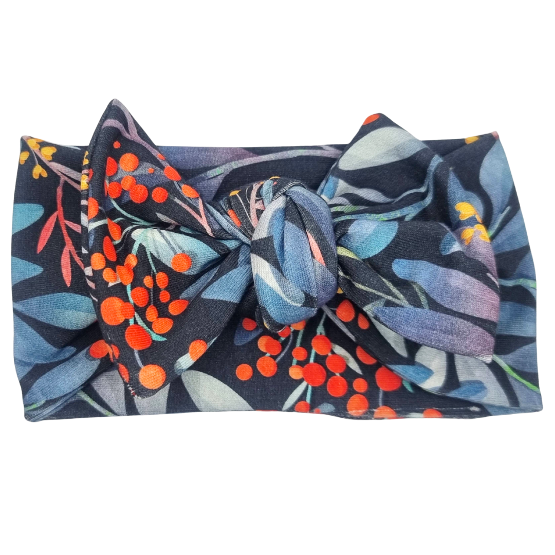 Opaska szeroka z kokardą granatowa w jarzębinę i listki