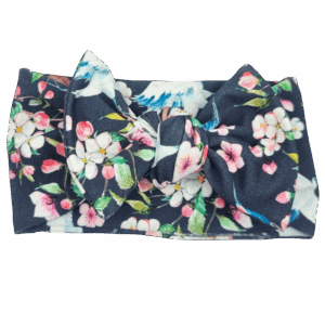 Opaska szeroka z kokardą granatowa w kwiaty wiśni