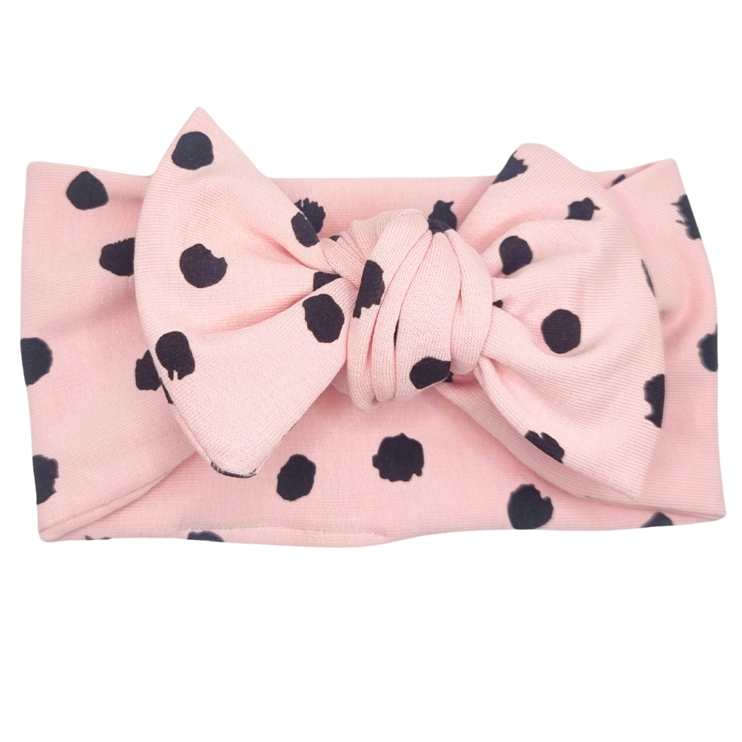 Opaska szeroka z kokardą jasny róż w czarne groszki