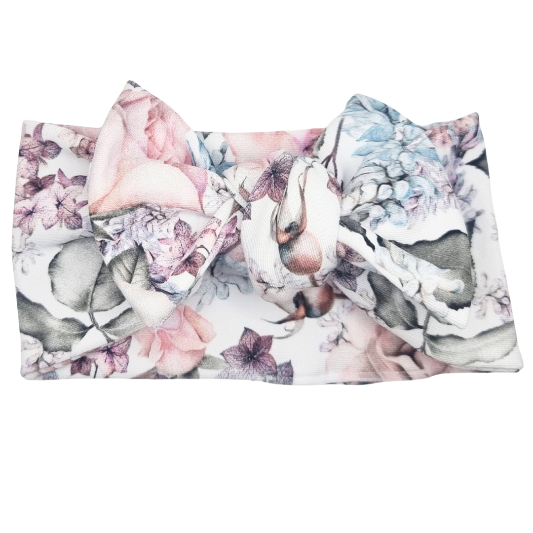 Opaska szeroka z kokardą mroźne kwiaty