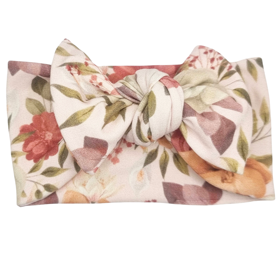 Opaska szeroka z kokardą beżowa w jesienne kwiaty