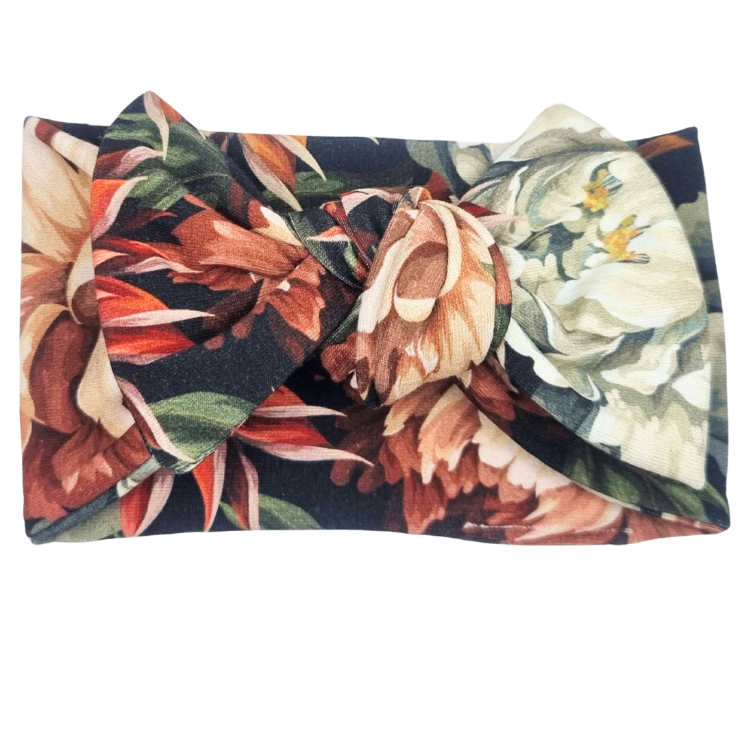 Opaska szeroka z kokardą czarna w jesienne kwiaty