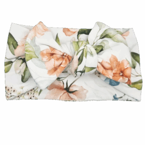 Opaska szeroka z kokardą biała w listki i kwiatuszki