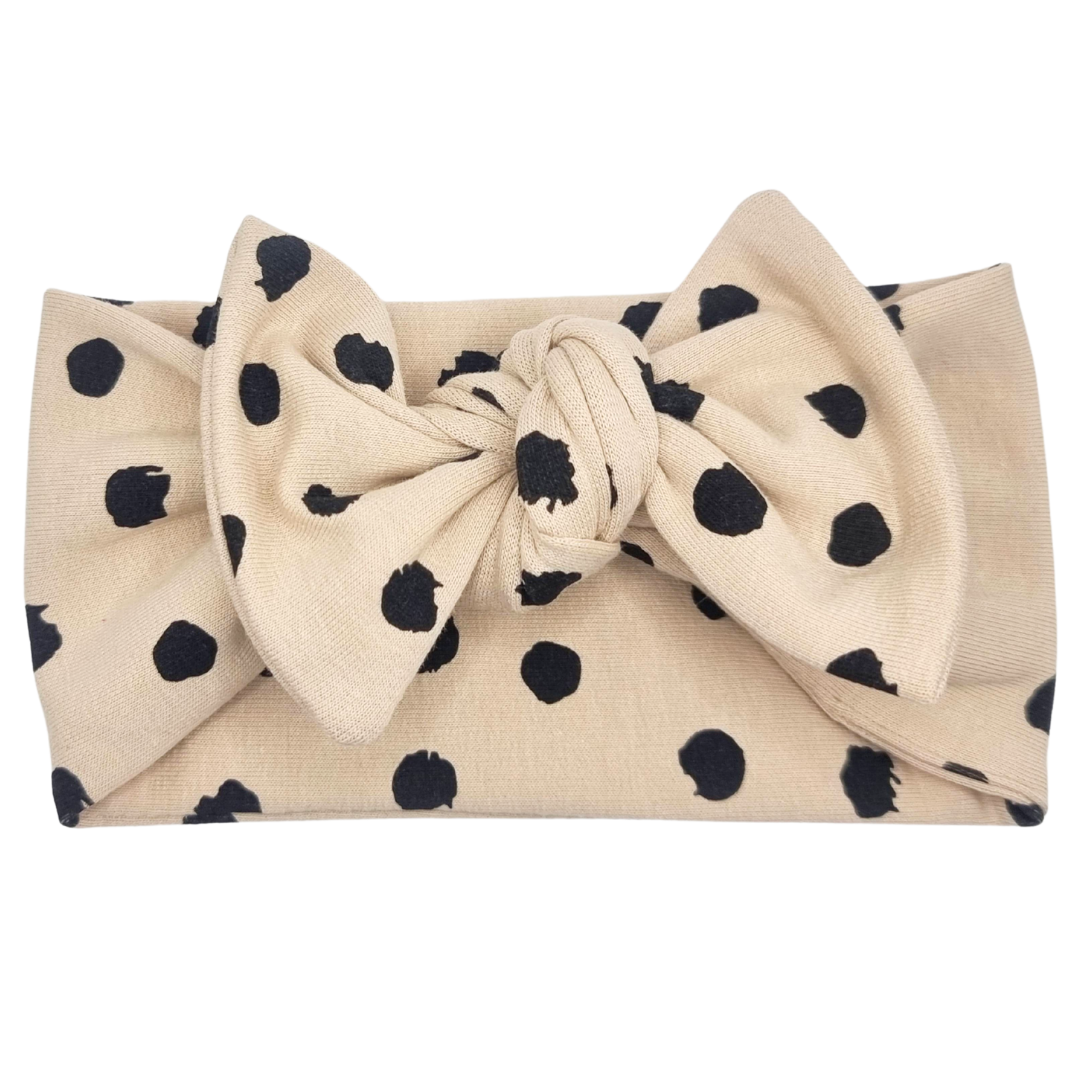 Opaska szeroka z kokardą beżowa w czarne groszki