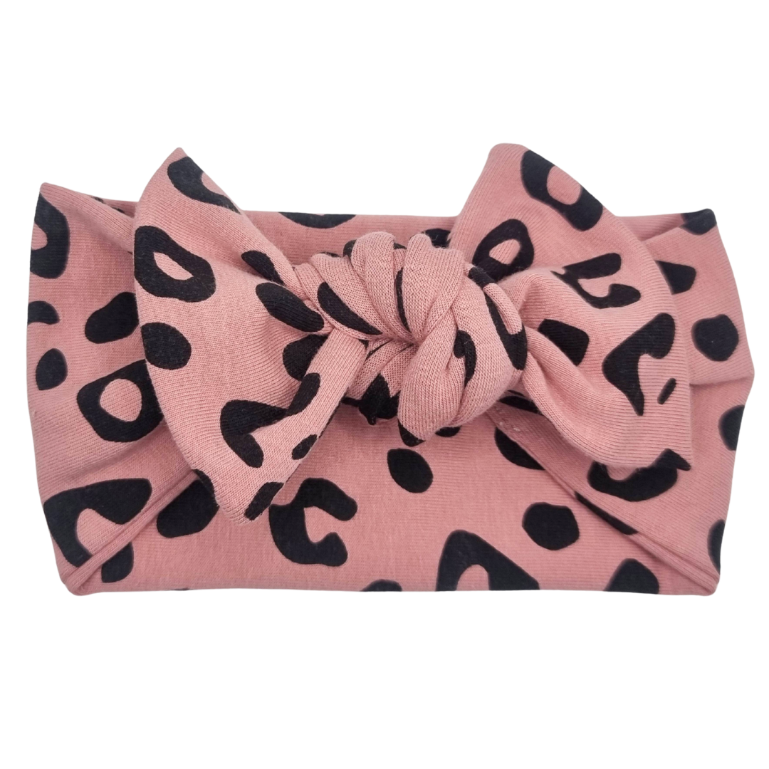 Opaska szeroka z kokardą brudny róż w czarne cętki