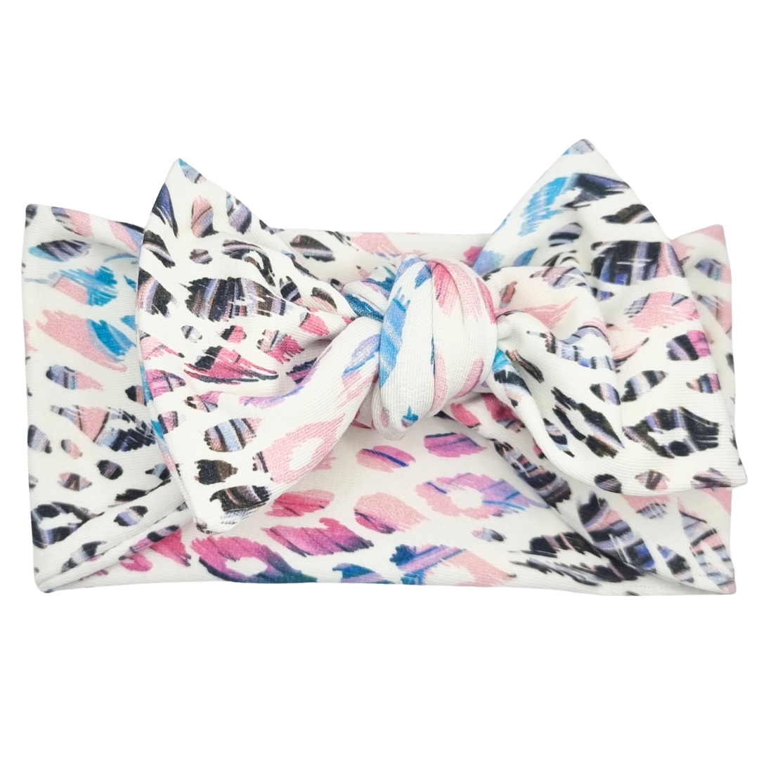Opaska szeroka z kokardą biała w kolorową panterkę