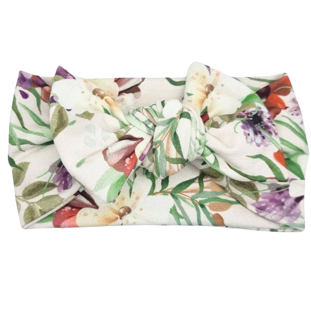 Opaska szeroka z kokardą ecru w listki i kwiaty