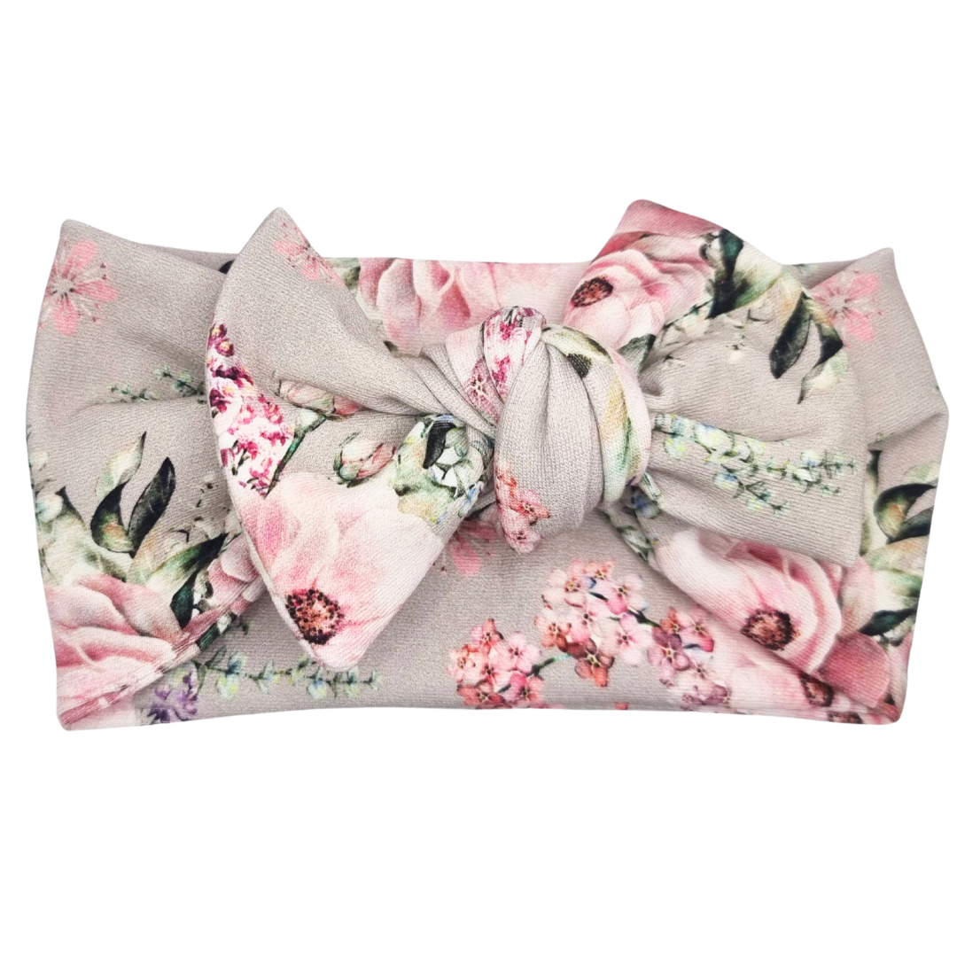 Opaska szeroka z kokardą chłodny beż w kwiatki