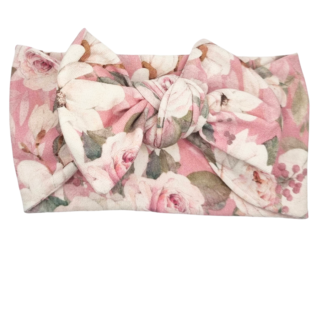 Opaska szeroka z kokardą kwiatki na brudnym różu