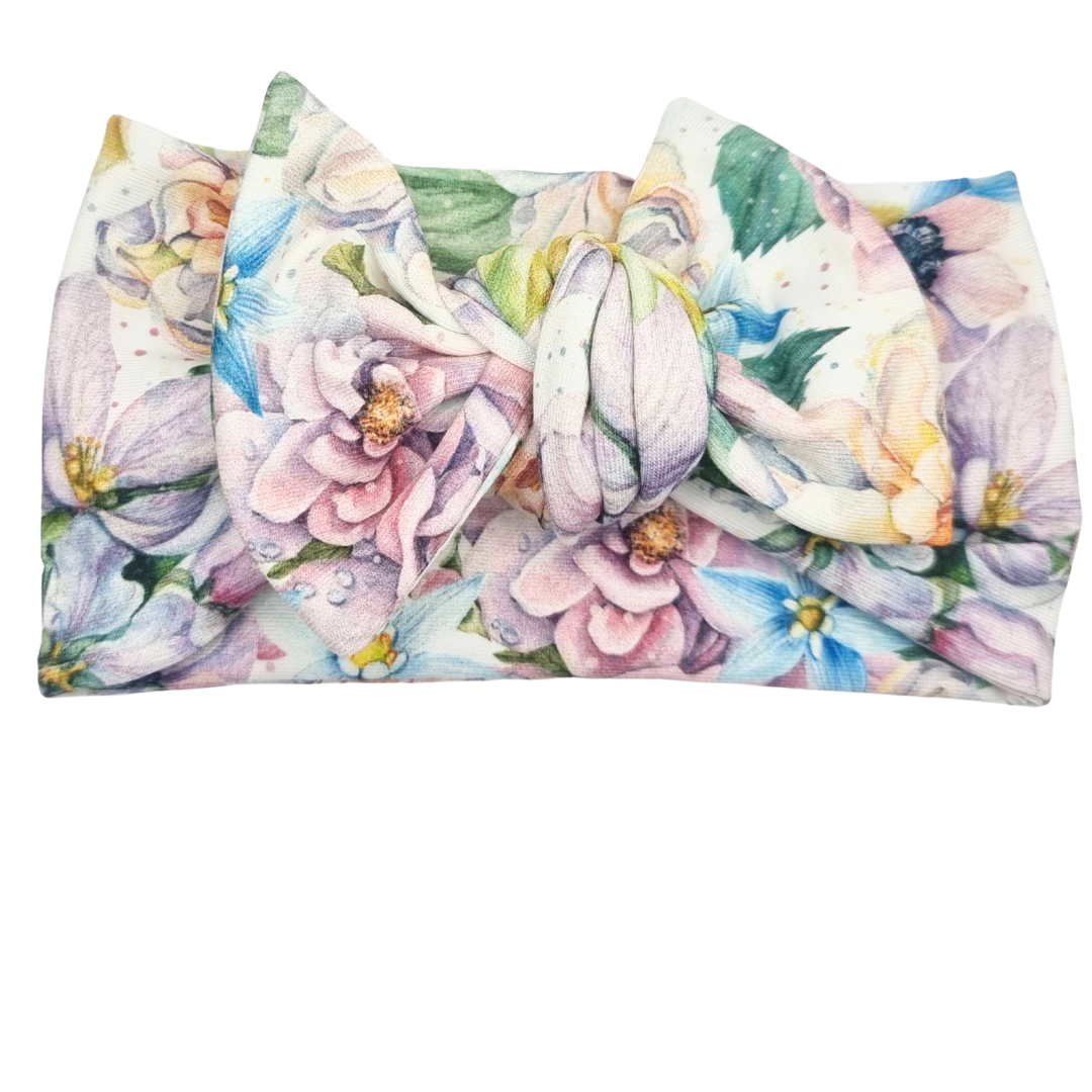 Opaska szeroka z kokardą duże kolorowe kwiaty