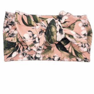 Opaska szeroka z kokardą listki i kwiaty na brudnym różu