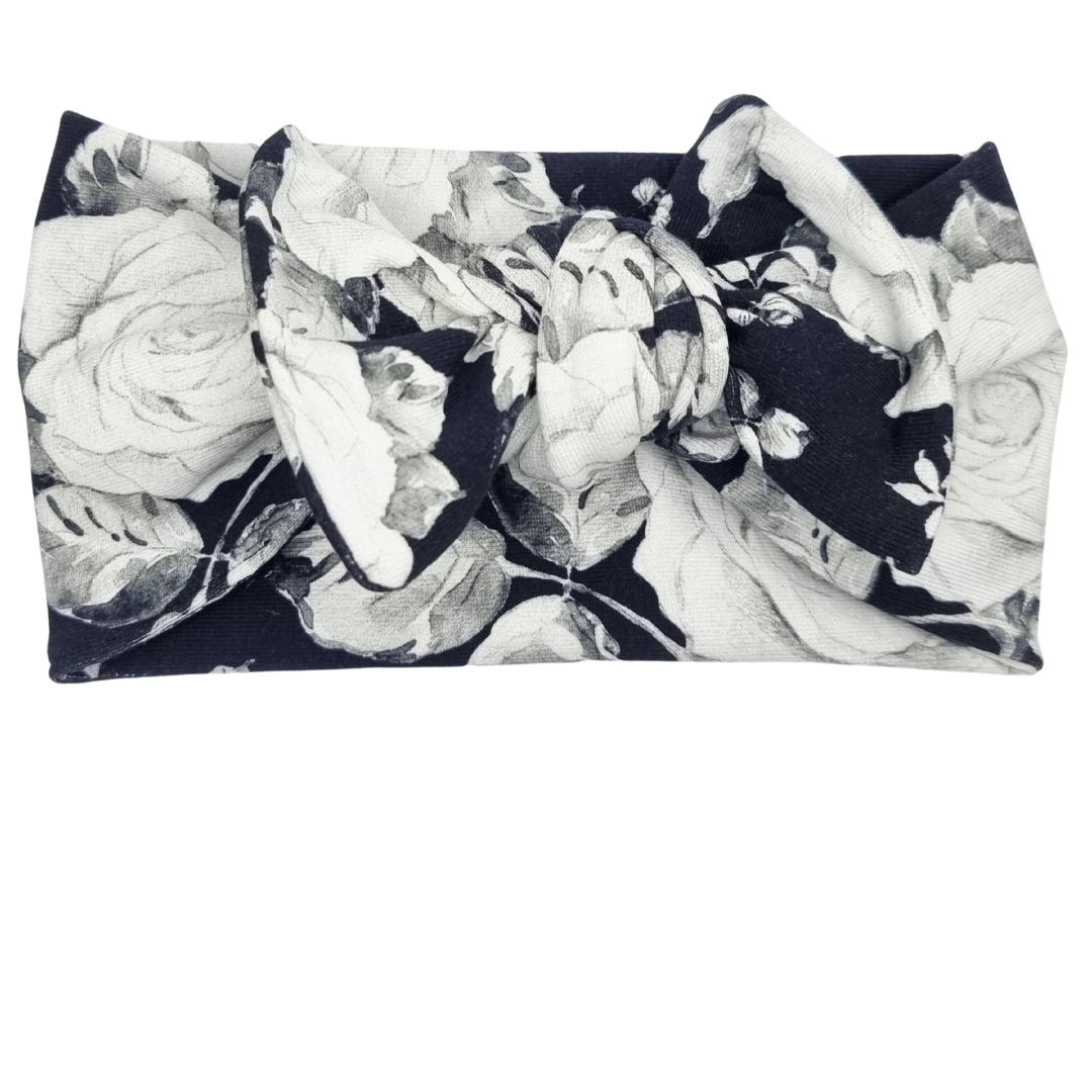 Opaska szeroka z kokardą czarna w kwiatki