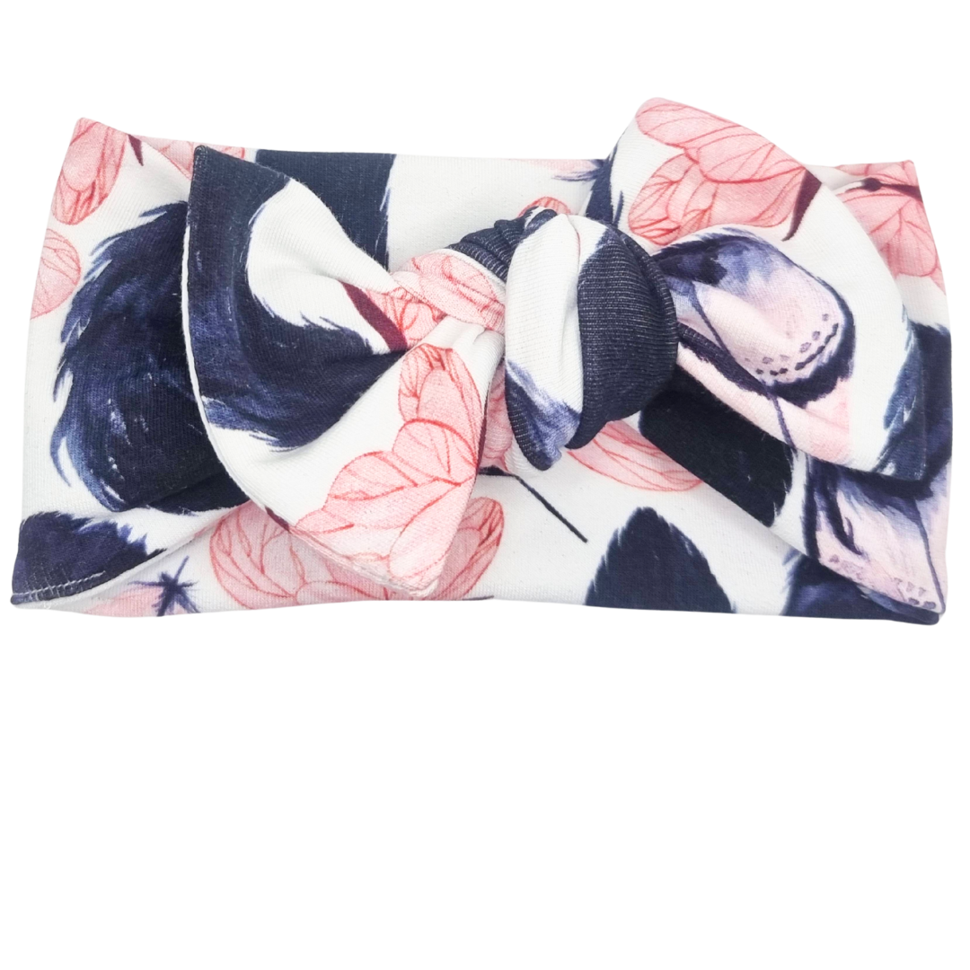 Opaska szeroka z kokardą biała w listki i motyle