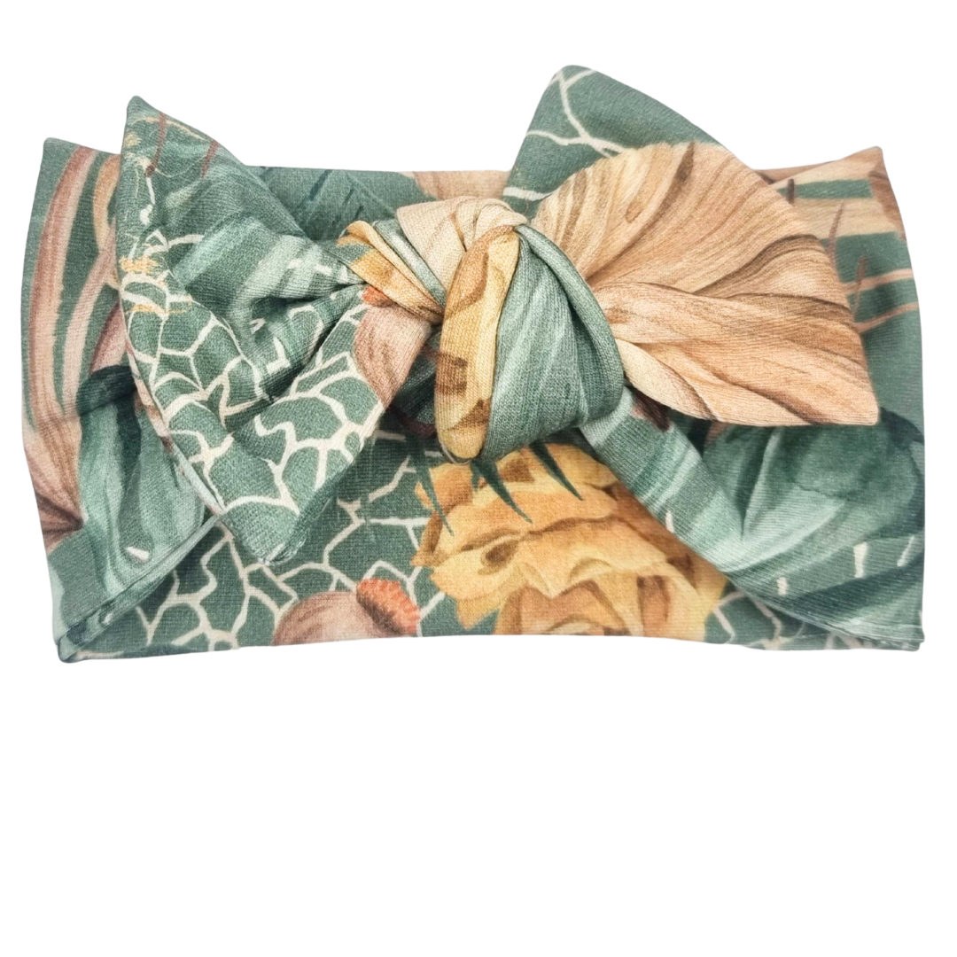 Opaska szeroka z kokardą zielona w listki