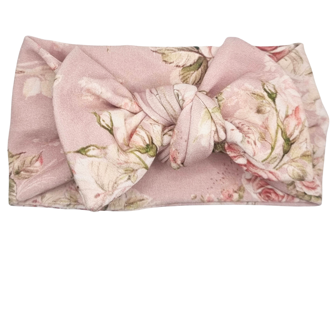 Opaska szeroka z kokardą róże na brudnym różu