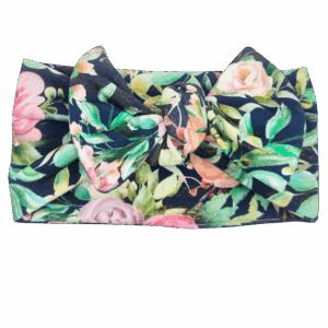 Opaska szeroka z kokardą granatowa w kwiaty i liście