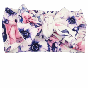 Opaska szeroka z kokardą śmietankowa w fioletowe kwiaty