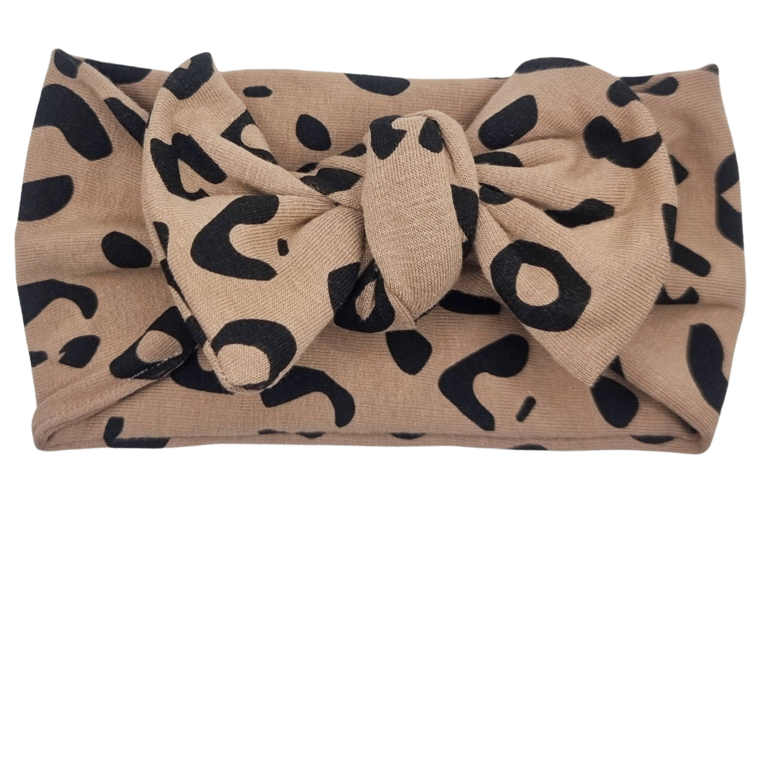 Opaska szeroka z kokardą ciemny beż w czarne cętki