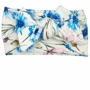 Opaska szeroka z kokardą ecru w niebieskie kwiatki