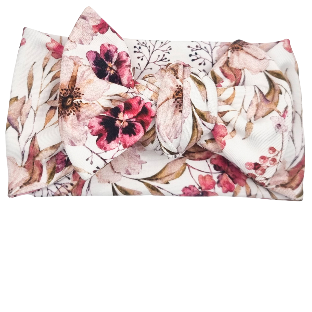 Opaska szeroka z kokardą biała w bordowe kwiatki