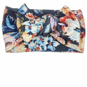 Opaska szeroka z kokardą granatowa w duże kolorowe kwiaty