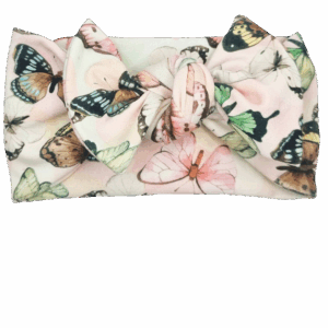 Opaska szeroka z kokardą ecru w kolorowe motylki