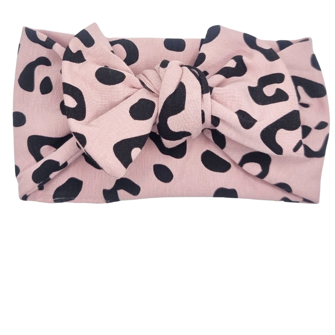 Opaska szeroka z kokardą jasny brudny róż w czarne cętki