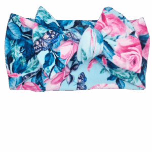 Opaska szeroka z kokardą błękitna w kwiaty i motylki