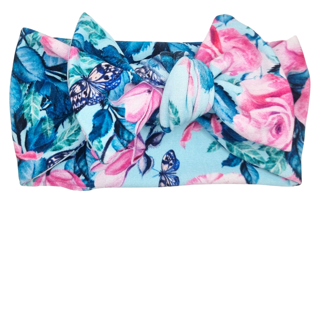 Opaska szeroka z kokardą błękitna w kwiaty i motylki
