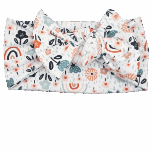 Opaska szeroka z kokardą biała w kwiatuszki i tęczę