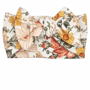 Opaska szeroka z kokardą biała w listki oraz kwiaty