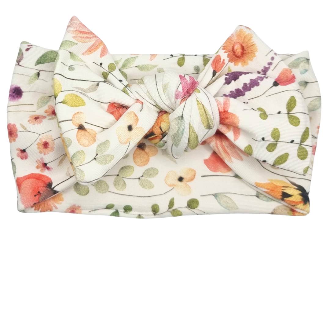 Opaska szeroka z kokardą w małe polne kwiatuszki